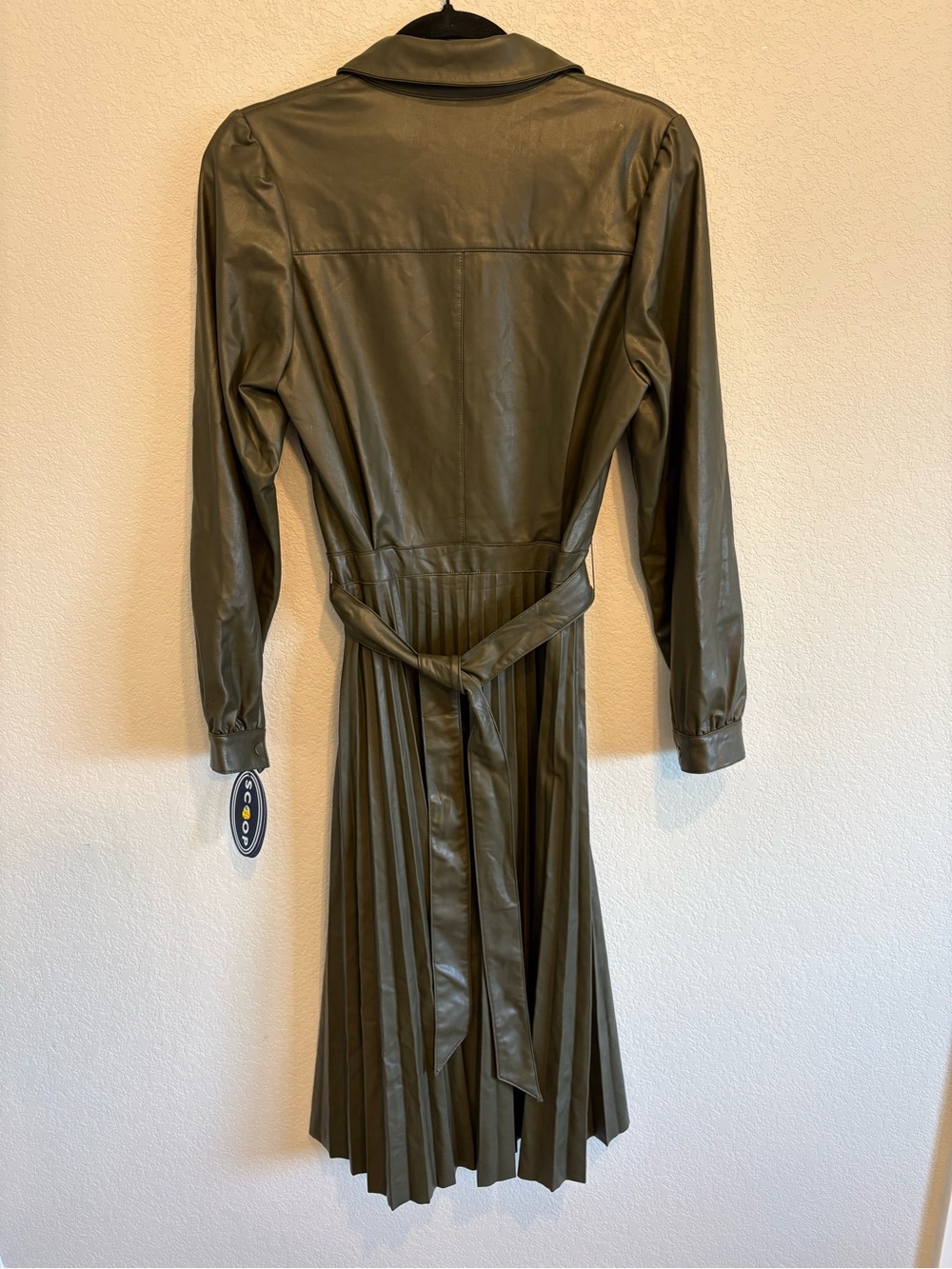 Faux Leather Pleated MIDI Dress Olive Green Chic Small NWT - Picture 11 of 15